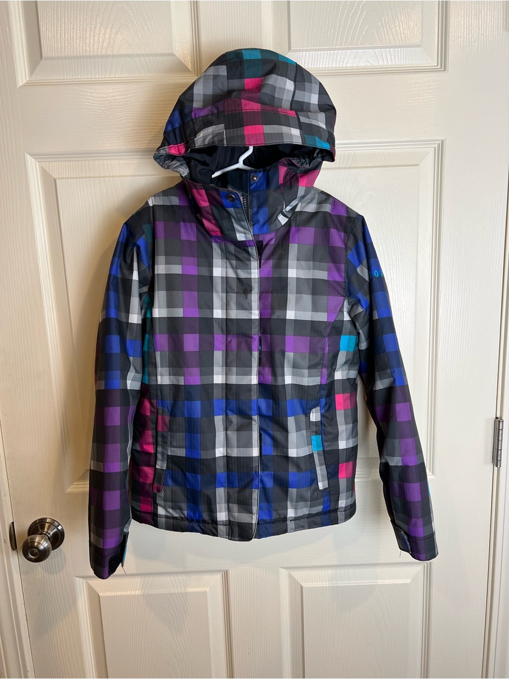 Roxy Kids Plaid Hooded Winter ski snowboard Jacket - Purple, Blue & Black medium